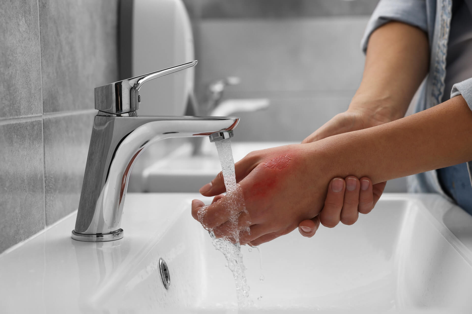 Alt-Tag	Frau kühlt ihre Verbrennung an der Hand mit Wasser.