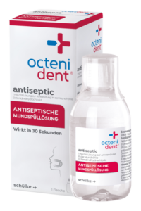 Flasche und Verpackung von octenident® antiseptic Mundspüllösung zur Behandlung bei Mundsoor.