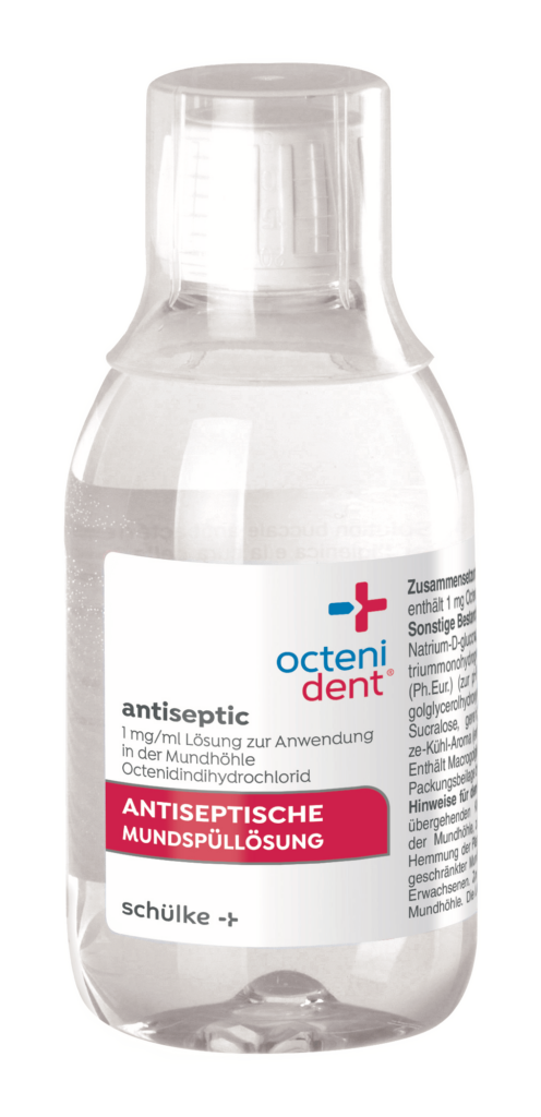 Verpackung und Flasche der octenident® antiseptischen Mundspüllösung zur Mundhygiene.
