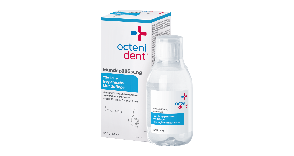 Produktbild: Verpackung und Flasche der octenident® Mundspüllösung für hygienische Mundpflege